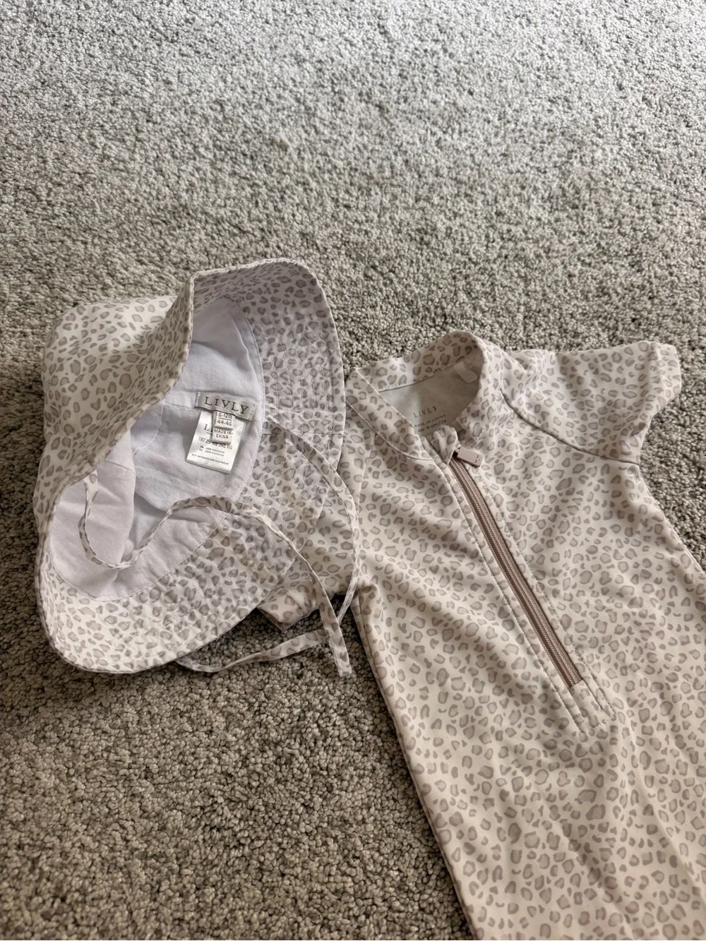 Livly Kids Short-Sleeve One-Piece Swimsuit in Light Beige Leopard Print and hap